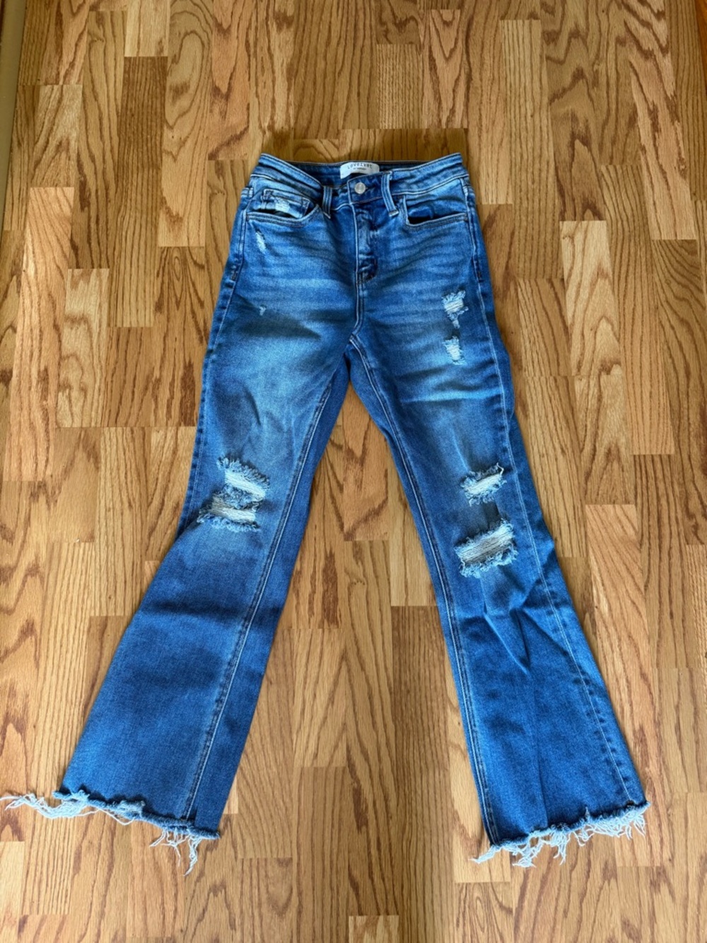 High-Rise Distressed Flare Jeans — Blue